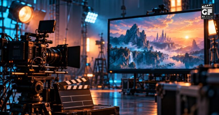 Student learning AI film making course with AI video tools at GFAI Film Institute Kolkata